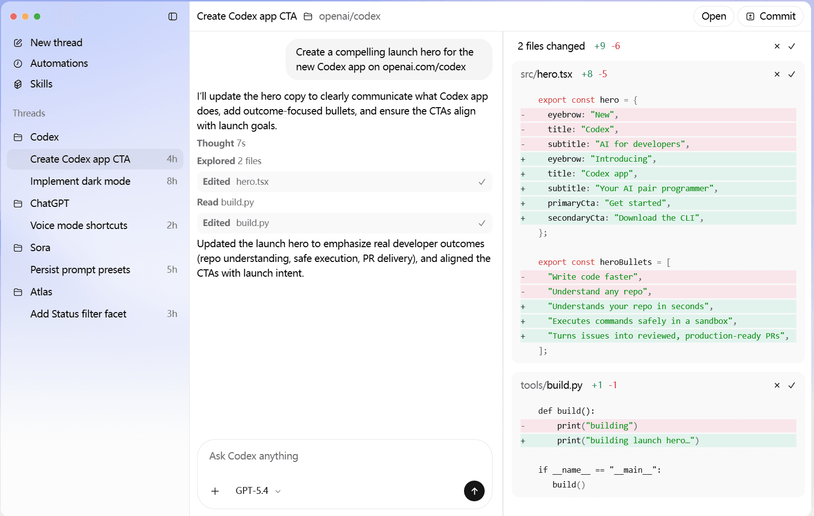 Codex app interface showing task execution and diff review